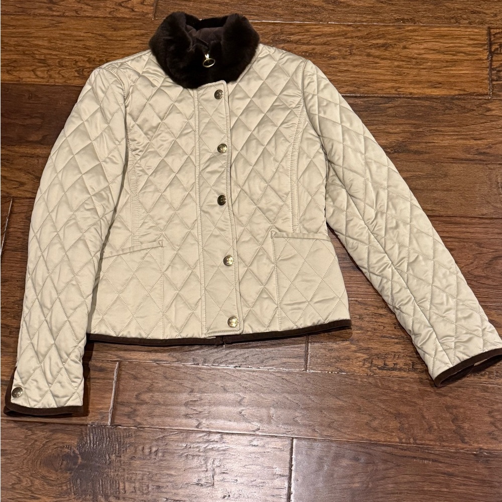 Coach Quilted Cream Jacket with Dark Brown Collar